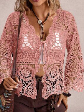 Pink Casual Women's Plus Size Long Sleeve Tie Front Knit Hollow-Out Cardigan